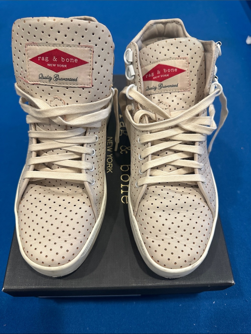 rag & bone Perforated High-Top Sneakers in Beige with Cream Laces